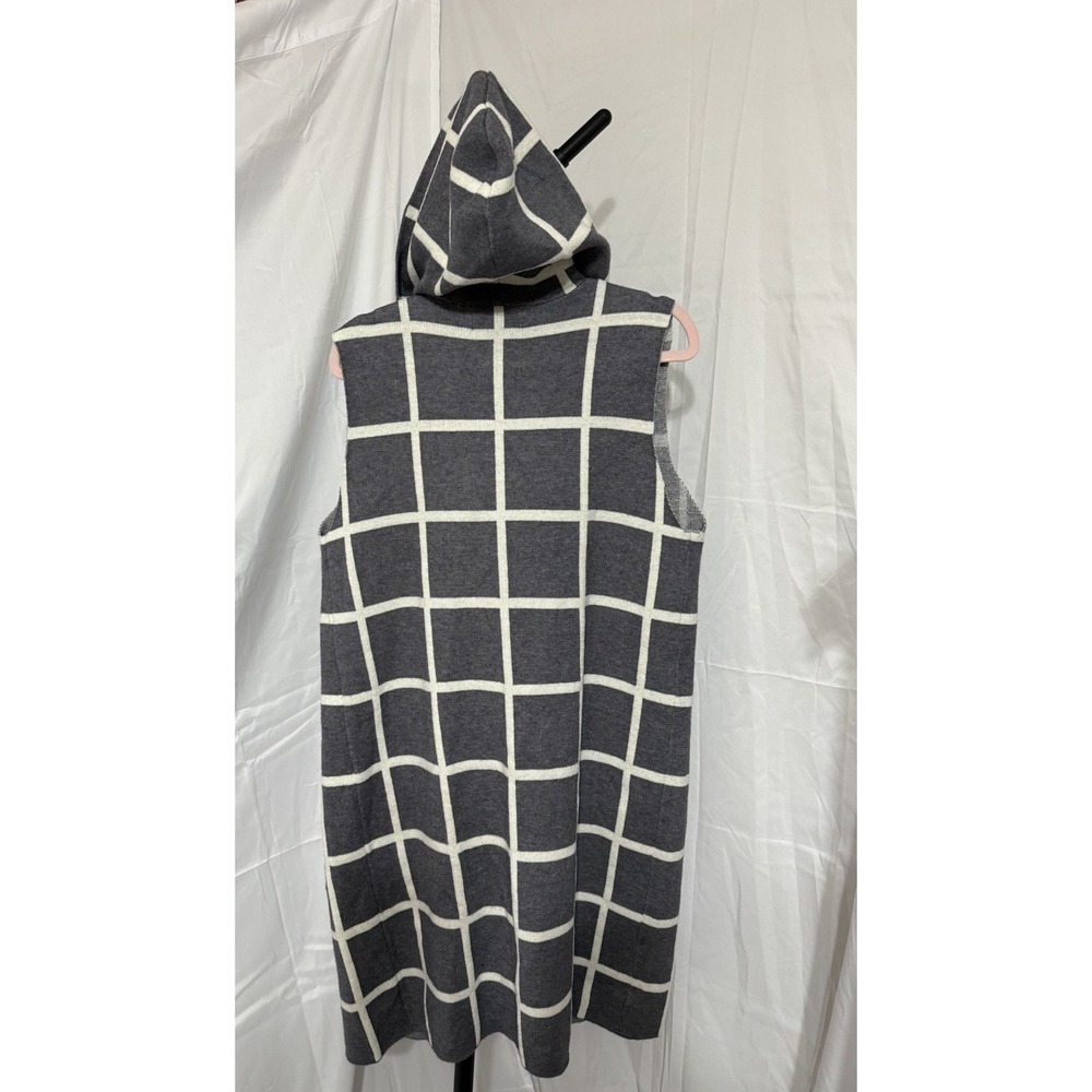 Rain Medium Womens Grey Plaid Knit Duster Sleeveless Hooded ‎ Cardigan  Pockets